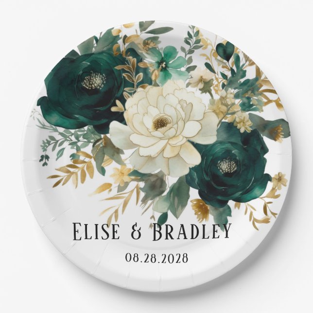 Emerald Green and White Gold Peonies Wedding Paper Plate (Front)