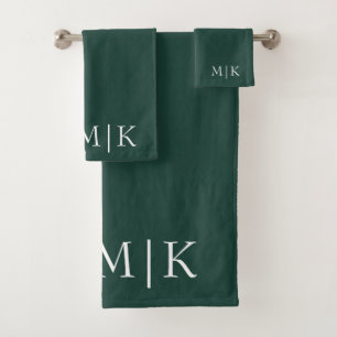 Emerald Green and White   Modern Monogram Bath Towel Set