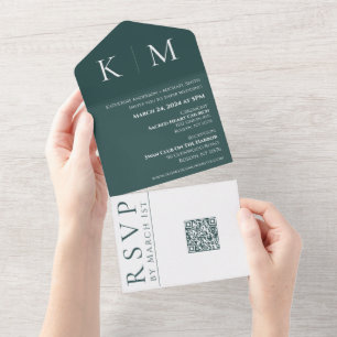 Emerald Green and White-Monogram-Wedding All In One Invitation