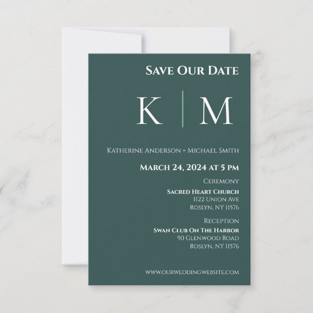 Emerald Green and White-Monogram-Wedding- Save The Date (Front)