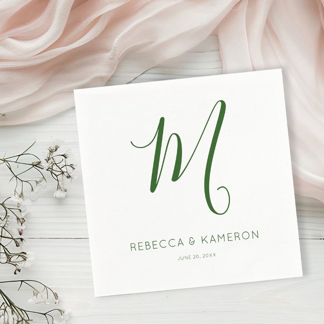 Emerald Green and White Simple Elegant | Monogram Napkin (Creator Uploaded)