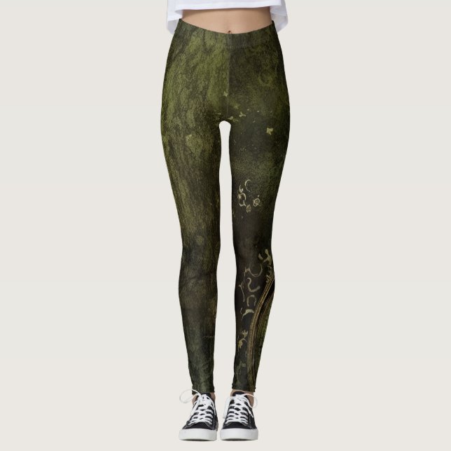 Emerald Green Antique Clockwork Aesthetic Leggings (Front)