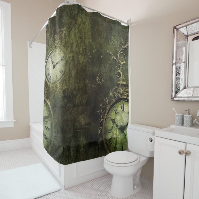 Emerald Green Antique Clockwork Aesthetic Shower Curtain (In Situ)