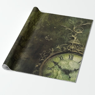 Emerald Green Antique Clockwork Aesthetic Wrapping Paper