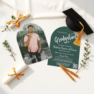 Emerald Green Arch Photo QR Code Grad Party Invitation