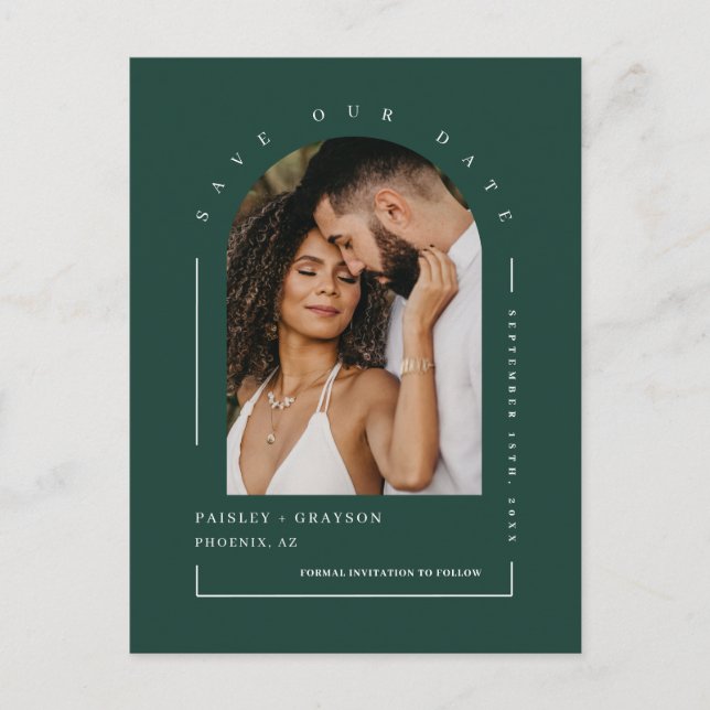 Emerald Green Arch Photo QR Code Save Our Date Postcard (Front)