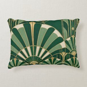 Emerald Green Art Deco Fans Decorative Cushion