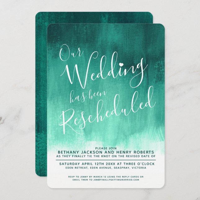 Emerald green art rescheduled wedding  invitation (Front/Back)