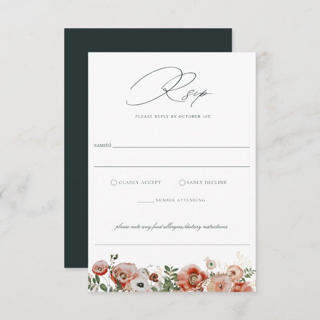 Emerald Green Autumn Floral Wedding RSVP Card (Front/Back)