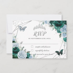 Emerald Green Baby Blue Floral Silver Quinceañera RSVP Card