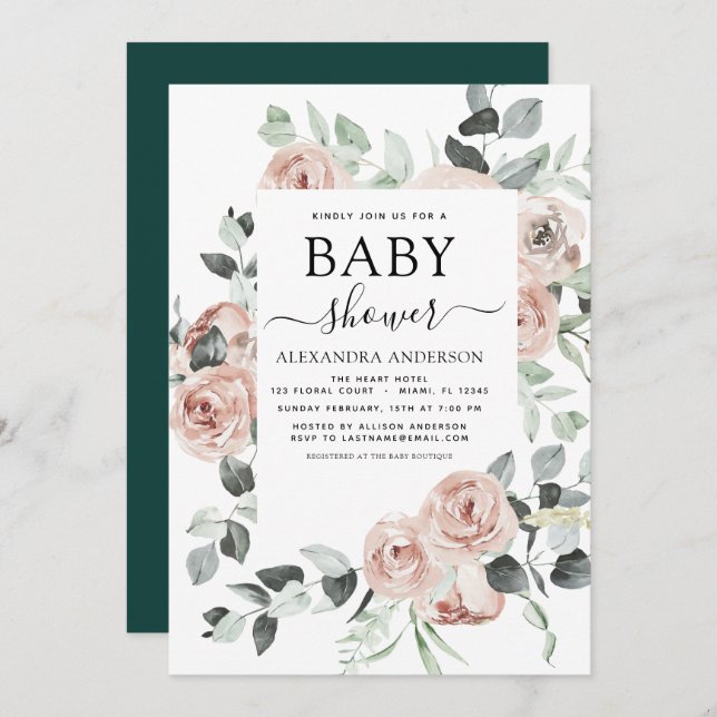 Emerald Green Baby Shower Floral Greenery Invitation (Front/Back)