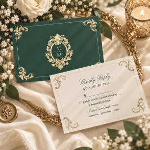 Emerald Green Baroque Gold Wedding RSVP Card