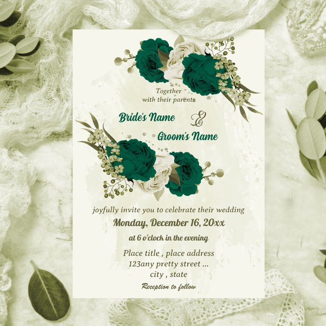 emerald green beige flowers botanical wedding invitation (Creator Uploaded)