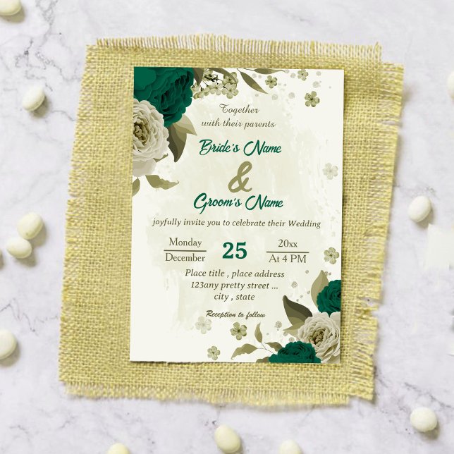 emerald green beige flowers botanical wedding invitation (Creator Uploaded)