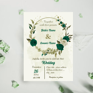 emerald green beige flowers botanical wedding invitation