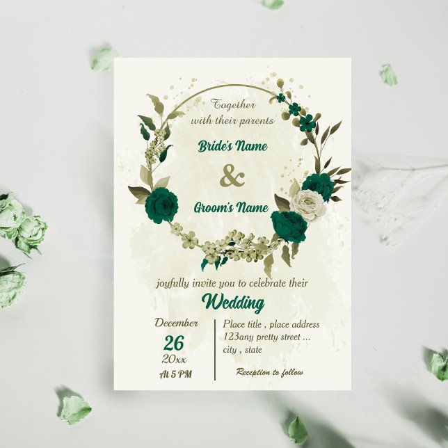 emerald green beige flowers botanical wedding invitation (Creator Uploaded)