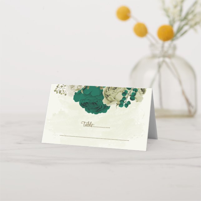emerald green beige flowers botanical wedding place card (Front)
