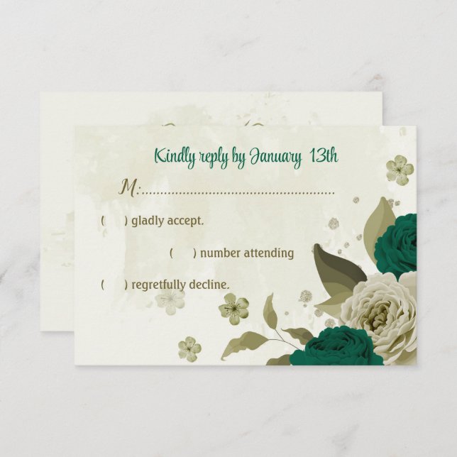 emerald green beige flowers botanical wedding RSVP card (Front/Back)