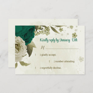 emerald green beige flowers botanical wedding RSVP card