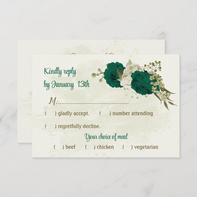 emerald green beige flowers botanical wedding RSVP card (Front/Back)