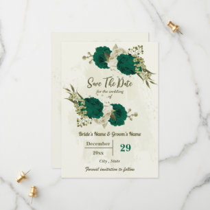 emerald green beige flowers botanical wedding save the date