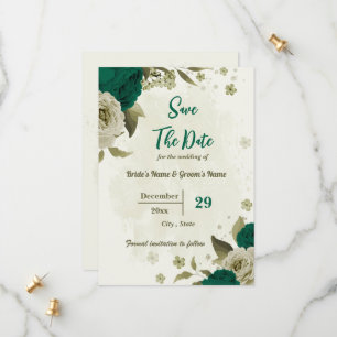 emerald green beige flowers botanical wedding save the date