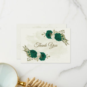 emerald green beige flowers botanical wedding thank you card