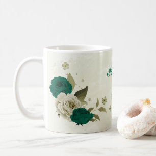 emerald green beige flowers coffee mug