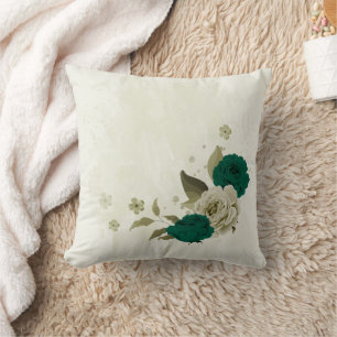 emerald green beige flowers  cushion