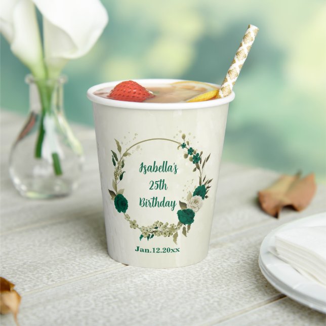 emerald green beige flowers  paper cups (Insitu)