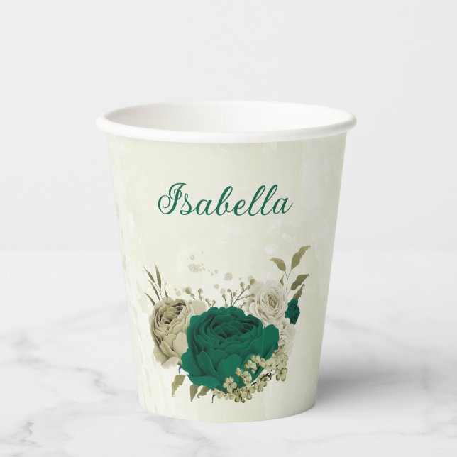 emerald green beige flowers  paper cups (Front)