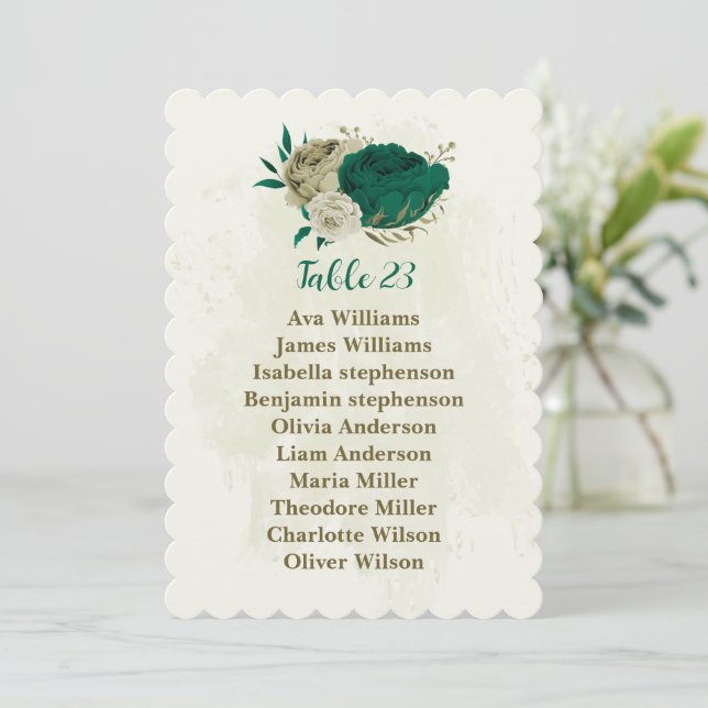 emerald green beige flowers seating chart card (Standing Front)