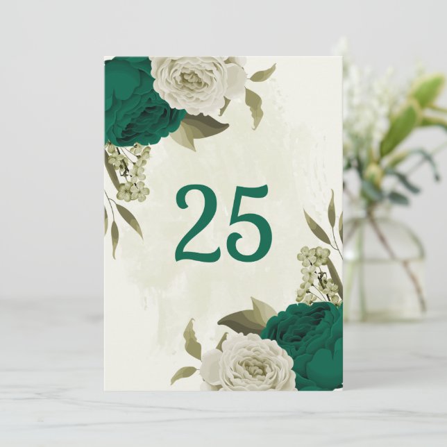 emerald green beige flowers table number card (Standing Front)