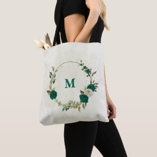 emerald green beige flowers  tote bag