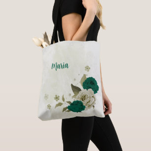 emerald green beige flowers  tote bag