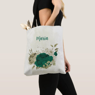 emerald green beige flowers tote bag