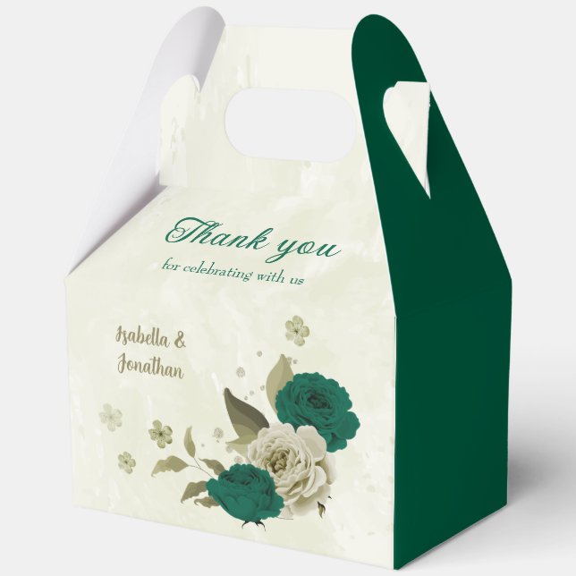 emerald green beige flowers wedding  favour box (Front)