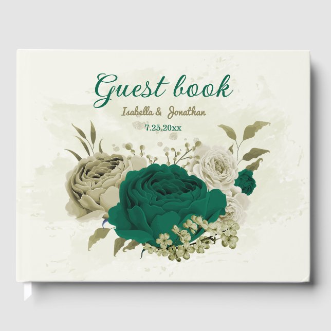 emerald green beige flowers wedding  guest book (Front)
