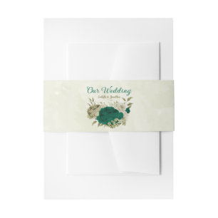 emerald green beige flowers wedding  invitation belly band