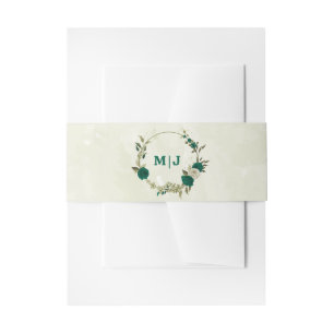 emerald green beige flowers wedding  invitation belly band