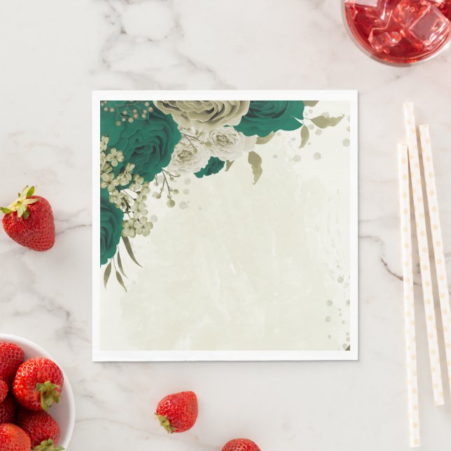 emerald green beige flowers wedding napkin (Insitu)