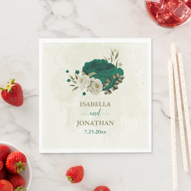 emerald green beige flowers wedding napkin (Insitu)