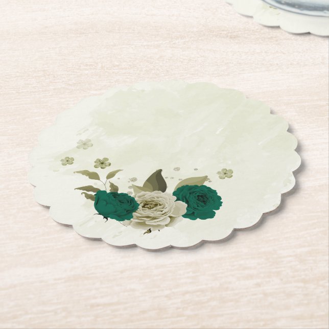 emerald green beige flowers wedding paper coaster (Angled)