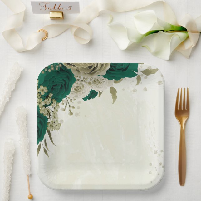 emerald green beige flowers wedding paper plate (Wedding)