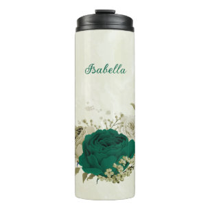 emerald green beige flowers wedding  thermal tumbler