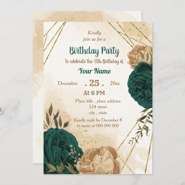 Emerald green beige gold botanical birthday  invitation (Front/Back)