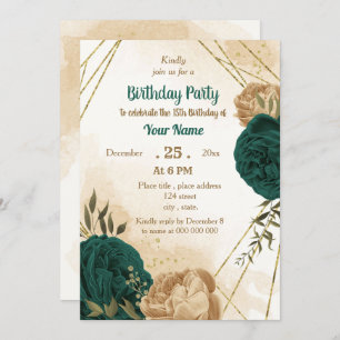 Emerald green beige gold botanical birthday  invitation