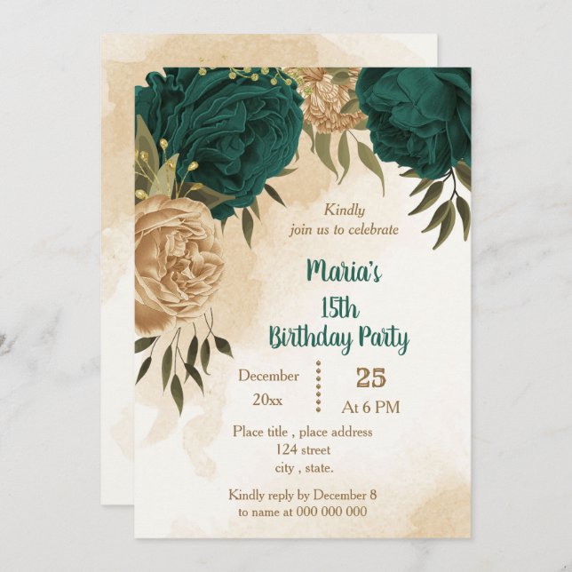 Emerald green beige gold botanical birthday  invitation (Front/Back)