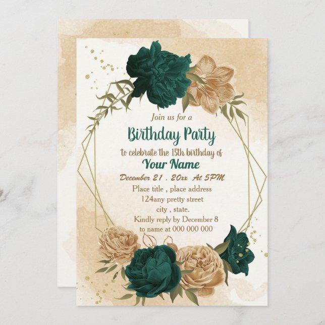 Emerald green beige gold botanical birthday invitation (Front/Back)
