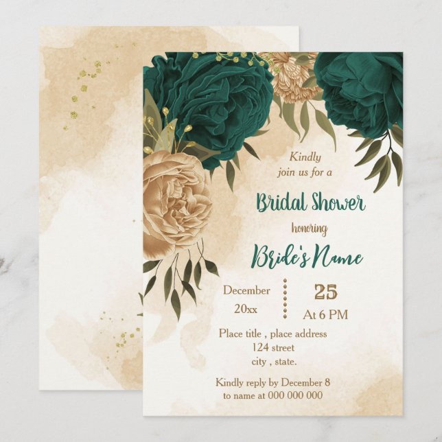 Emerald green beige gold botanical bridal shower invitation (Front/Back)